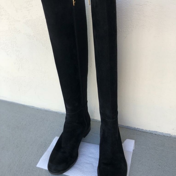 Women's Black Suede low heeled, knee-high boots - Picture 5 of 8